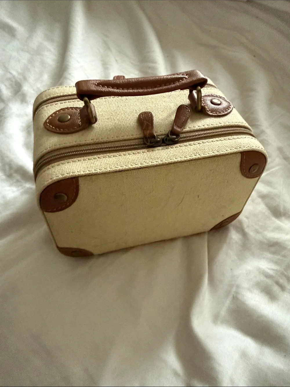 Pottery Barn Beige Canvas Jewelry Travel Case with Brown Leather Trim